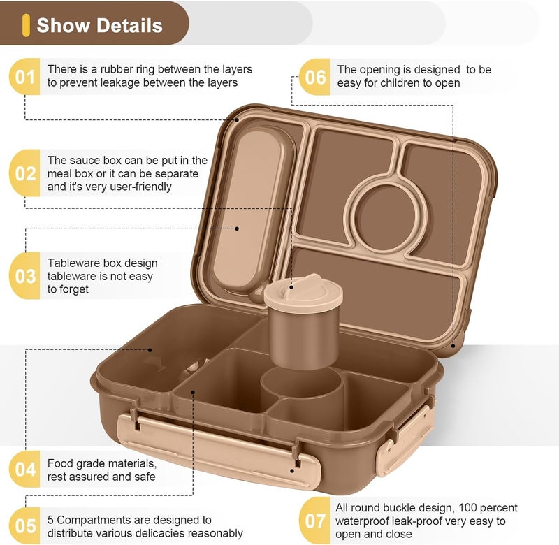 Amathley Bento Box Adult Lunch Box Kids,Lunch Containers for Adults/Kids/Toddler,5 Compartments Bento Lunch Box with Sauce Vontainers,Microwave & Dishwasher & Freezer Safe,BPA-Free (Brown) - Image 3